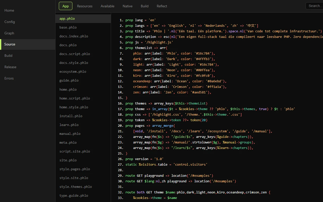 The Phlo Control Center source view: every .phlo file highlighted and searchable, one click from build, release and errors