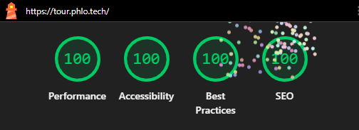 A 100% Lighthouse score on all four audits for tour.phlo.tech, an unmodified Phlo app