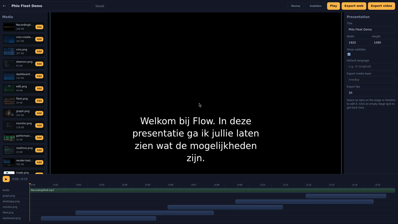The Phlo Presentation editor: a media library, the staged preview and the audio timeline